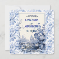 French Floral Toile Blue Invitation