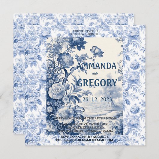 French Floral Toile Blue Invitation (Devant / Derrière)