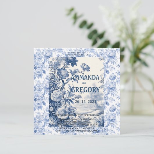French Floral Toile Blue Invitation (Debout devant)