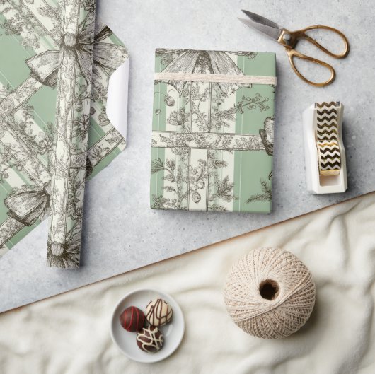 French Green Christmas Toile Bow Patterned Cadeaupapier (Crafts)
