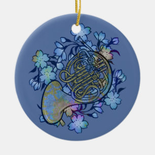 French Hoorn Blauwe Bloemen Bandklas Keramisch Ornament