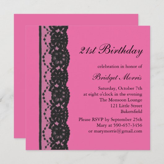 French Lace Birthday Invitation (fuchsia) (Devant / Derrière)