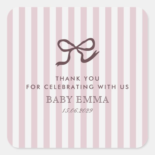 French Pink Bow & Stripes Baby shower Vierkante Sticker (Voorkant)