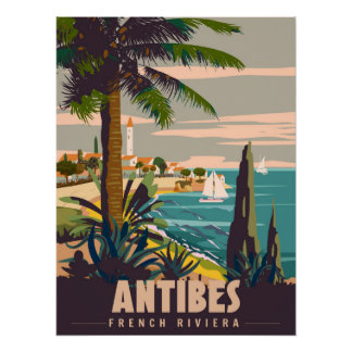 French Riviera Antibes Retro Poster. Tropical coas Perfect Poster