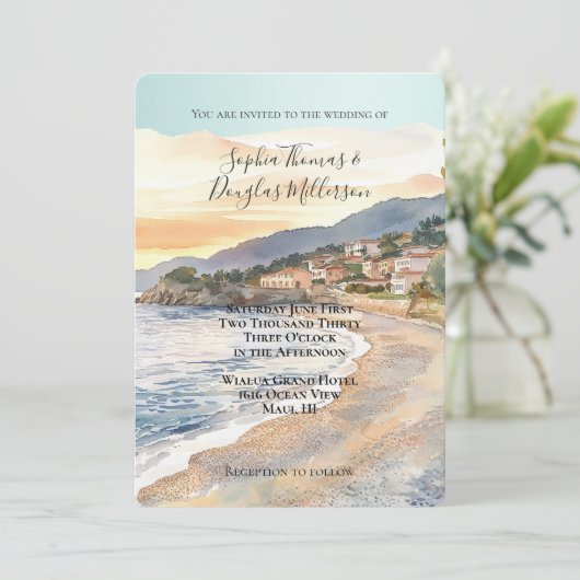 French Riviera Beach Coastal Wedding Kaart (Staand voorkant)