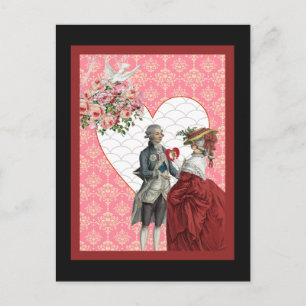 French Rococo Couple and Pink Damask Valentine Feestdagenkaart