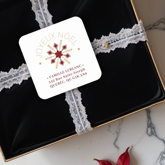 French  Sophisticated Gold & Dark Red Snowflake Vierkante Sticker