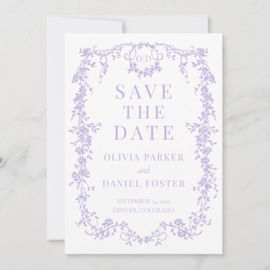 French Victorian Purple Lilac Save the Date (Voorkant)