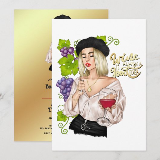 French Wine Woman Bachelorette Party Invitation (Devant / Derrière)