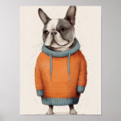 Frenchie au pull orange, déco de chien drôle, Grin (Devant)