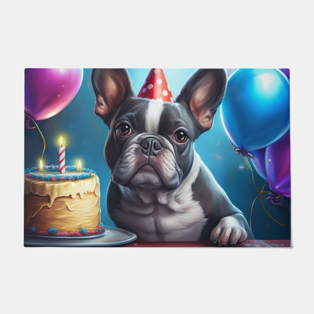 Frenchie Birthday Bash: Een echte Franse bulledog Deurmat (Voorkant)