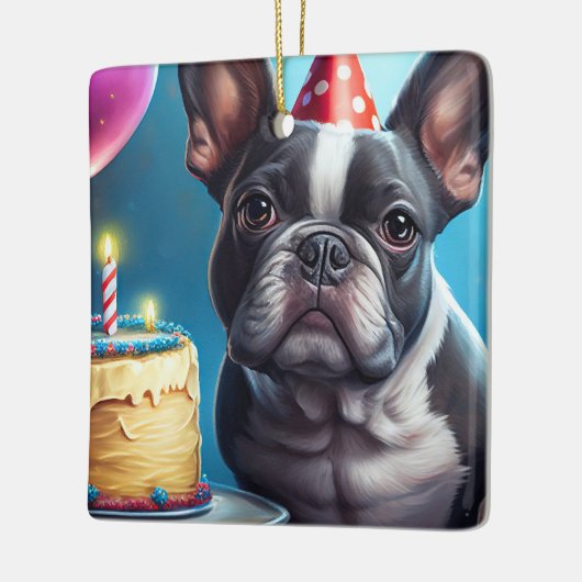 Frenchie Birthday Bash: Een echte Franse bulledog Keramisch Ornament (Links)