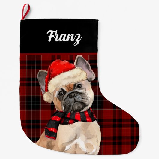 Frenchie Bulldog and Red Plaid with Dog's Name Grote Kerstsok (Voorkant)