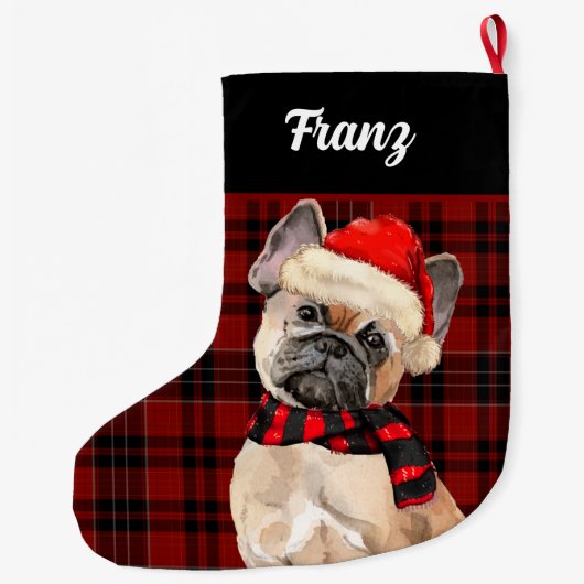 Frenchie Bulldog and Red Plaid with Dog's Name Grote Kerstsok (Achterkant)