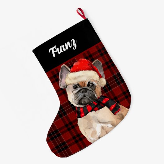 Frenchie Bulldog and Red Plaid with Dog's Name Grote Kerstsok (Achterkant (Hangend))