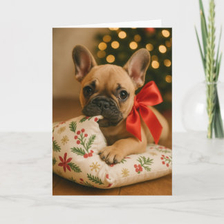 Frenchie Christmas Card – Puppy on Pillow Kaart