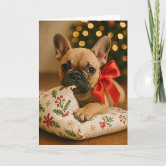 Frenchie Christmas Card – Puppy on Pillow Kaart (Voorkant)