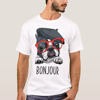 Frenchie Dog Glasses Bonjour T-shirt