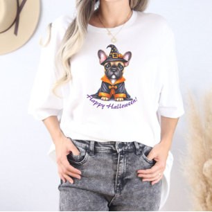 Frenchie Halloween Paarse Jas Heksenhoed Tri-Blend Shirt