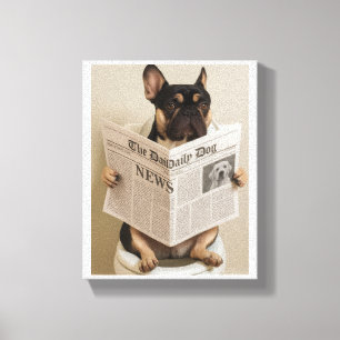 Frenchie op toilet, krant lezen canvas afdruk
