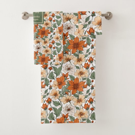 Fresh Autumn Floral Olive Rust Personalized Towel (En situation)