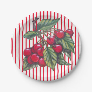 Fresh Cherry Red White Stripe Summer Dessert Papieren Bordje