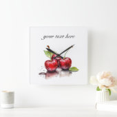 Fresh Cherry Trio in Waterverf, op maat Vierkante Klok (Huis)