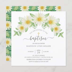 Fresh Daisy Roos Floral Baptism Invitation Kaart