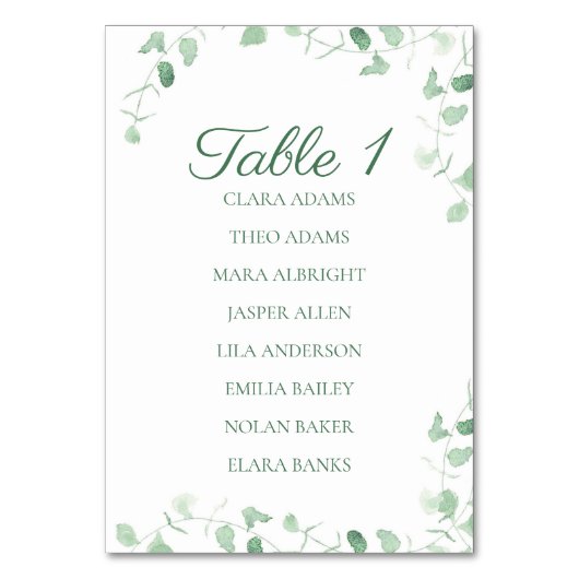 Fresh Eucalyptus Numeric Seating Chart Card Kaart (Voorkant)