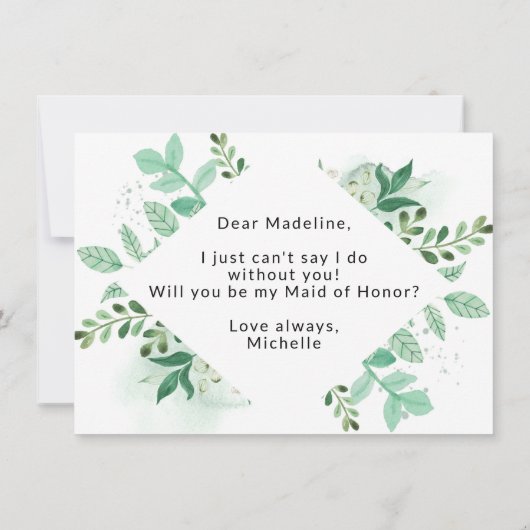 Fresh Foliage Mint Maid of Honor proposal Kaart (Achterkant)