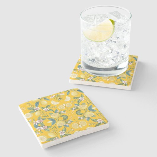 Fresh Lemon Floral Botanical Pattern  Stenen Onderzetter (Zijkant)