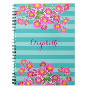 Fresh Pink Daisy Flowers on Turquoise Stripes Notitieboek