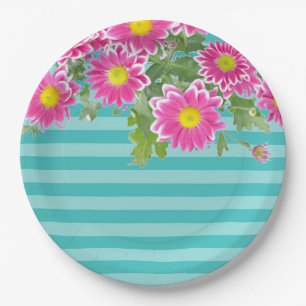 Fresh Pink Daisy Flowers on Turquoise Stripes Papieren Bordje