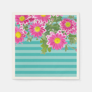 Fresh Pink Daisy Flowers on Turquoise Stripes Servetten