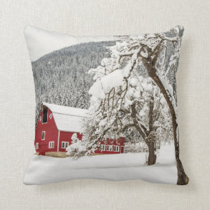 Fresh snow on red barn kussen