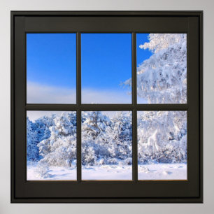 Fresh Snow Scene 24x24 Black Faux Window Poster