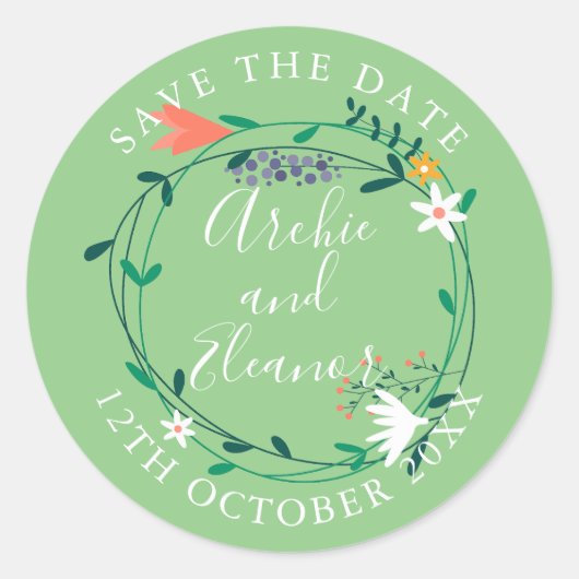 Fresh Spring Floral Garland Save the Date Ronde Sticker (Voorkant)