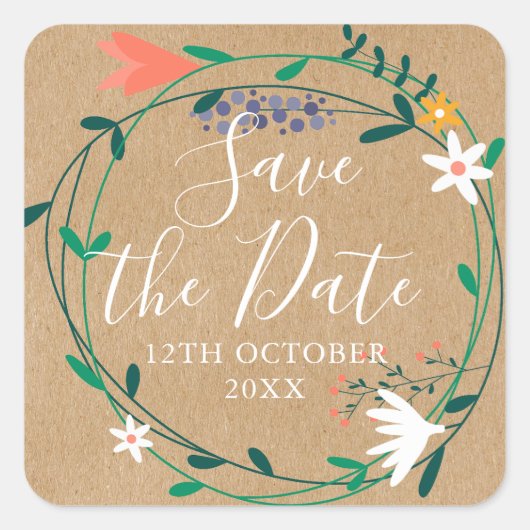 Fresh Spring Floral Garland Save the Date Vierkante Sticker (Voorkant)