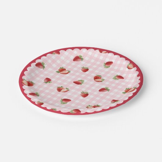 Fresh Strawberry with Pink Gingham Pattern Papieren Bordje (Gekanteld)