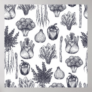 Fresh vegetables seamless pattern. Broccoli Poster