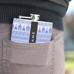 Fret, Gemengde Meander Key, Blauw, Jouw naam Heupfles