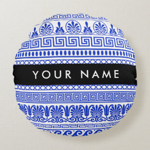 Fret, Gemengde Meander Key, Blauw, Jouw naam Rond Kussen