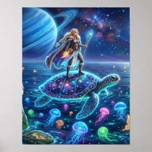 Freya rijdt op de Wereldschildpad-Noordse Fantasie Poster