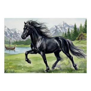 Freydis Black IJslands paard in Noordse landschap Perfect Poster
