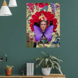 Frida Kahlo Kat Aap Kleurrijke Bloemen Collage Poster