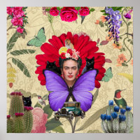 Frida Kahlo Kat Aap Kleurrijke Bloemen Collage