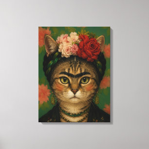 Frida Kahlo Kat Portret Bloem Kunstprint  Canvas Afdruk