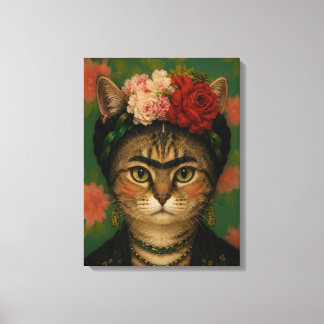Frida Kahlo Kat Portret Bloem Kunstprint Canvas Afdruk