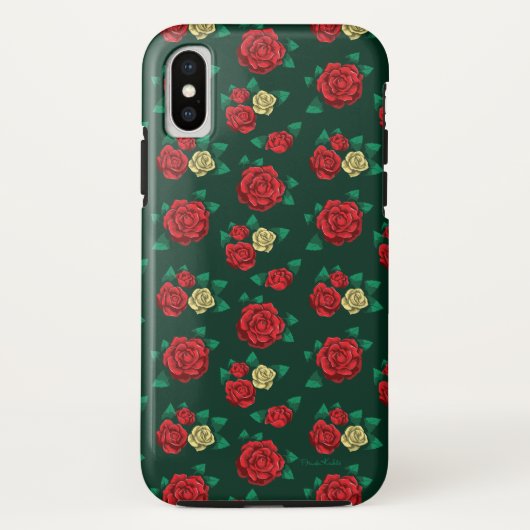 Frida Kahlo | Patroon rood en gouden Roos Case-Mate iPhone Case (Achterkant)