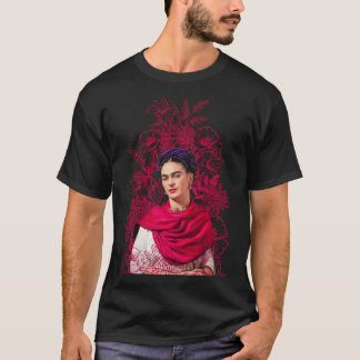 Frida Kahlo portrait color, pink flowers, black ba T-shirt